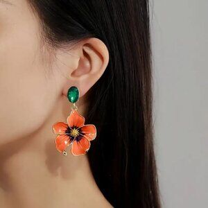 NEW Marisol Coral Enamel Tropical Flower Drop Statement Earrings